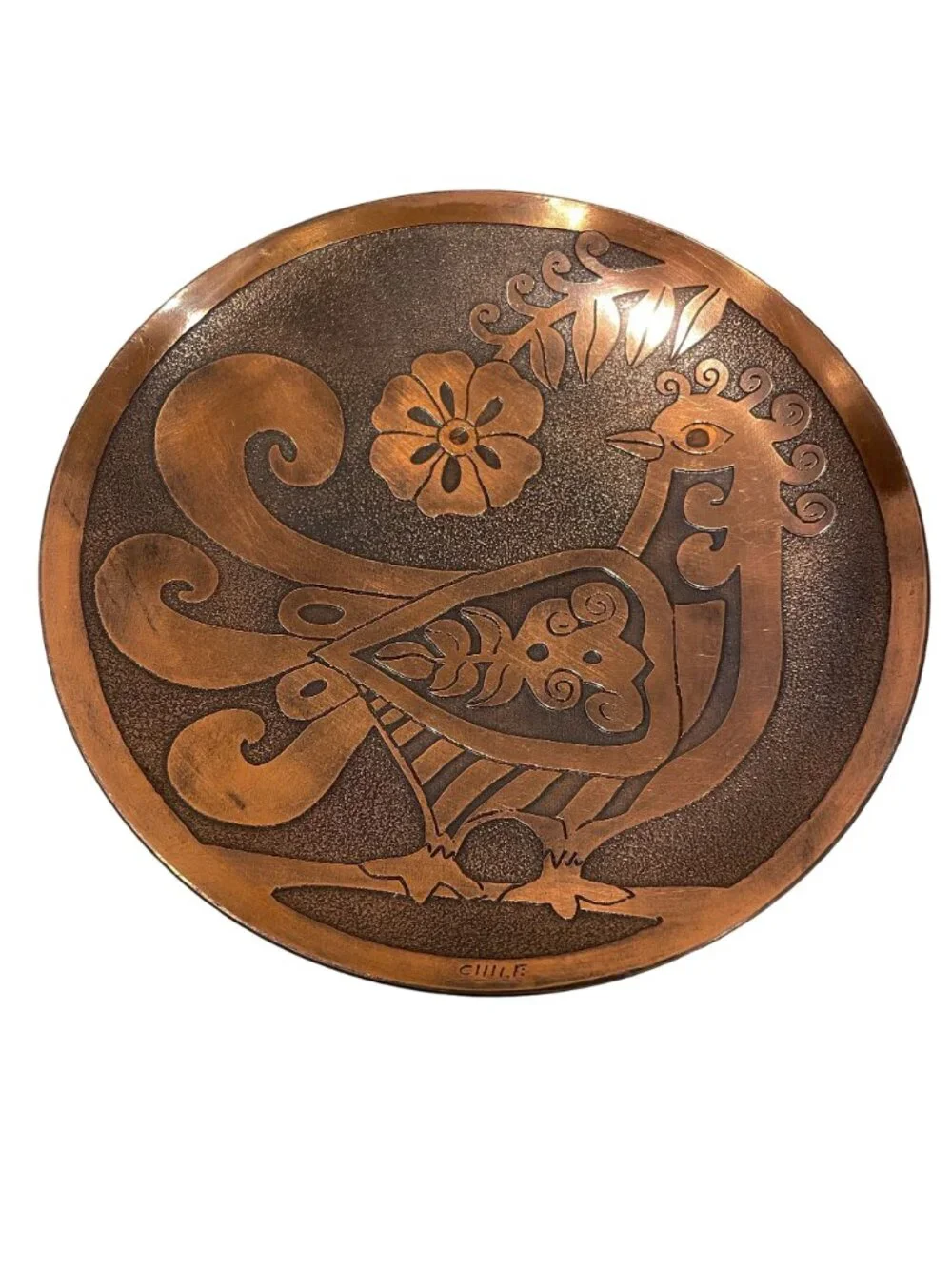 Set of Vintage Etched Copper Chilean Art Plates Folk Art Modernist Birds